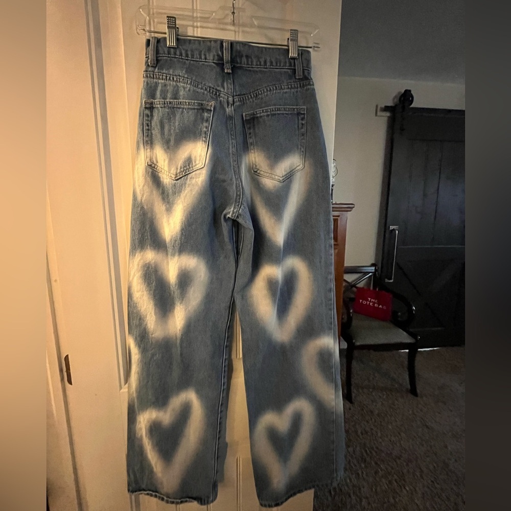 Adika Medium-Wash Denim Wide Leg Jeans, Bleach hearts, size XS